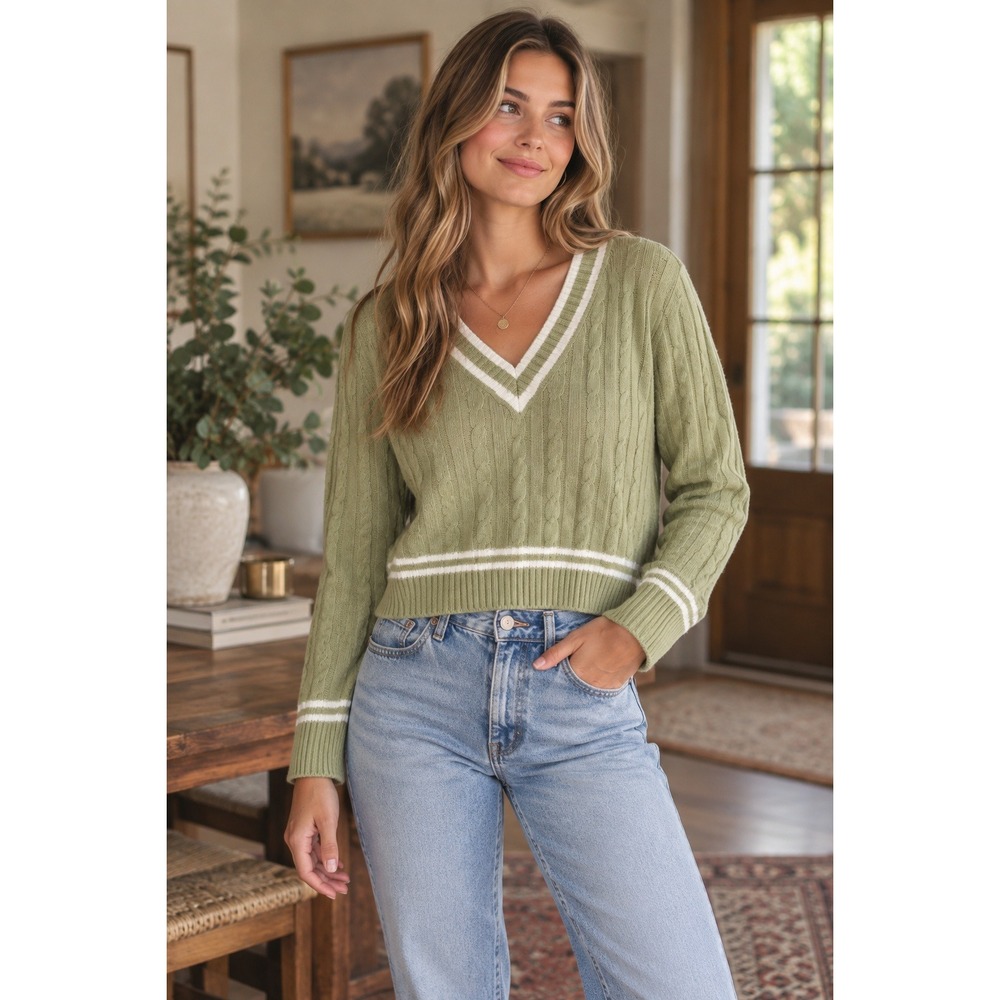 Elodie Sage Green Cable Knit Varsity V Neck Cropped Sweater Women's M Preppy